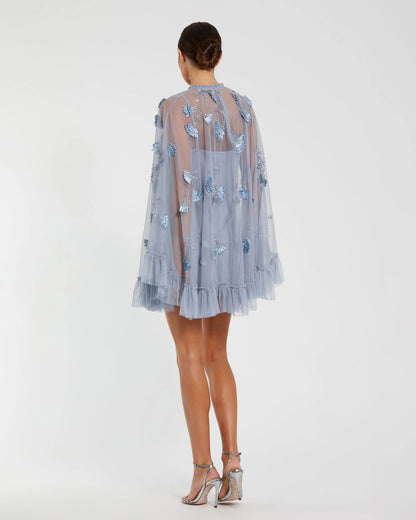 Mac Duggal Blue Embellished Long Sleeve Trapeze Dress with Ruffle Hem