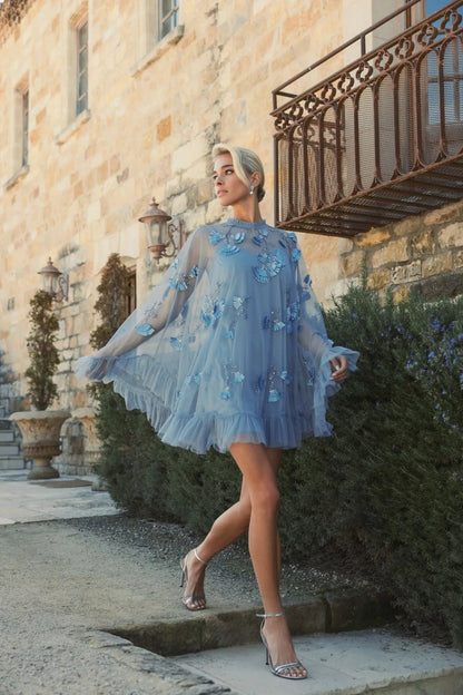 Mac Duggal Blue Embellished Long Sleeve Trapeze Dress with Ruffle Hem