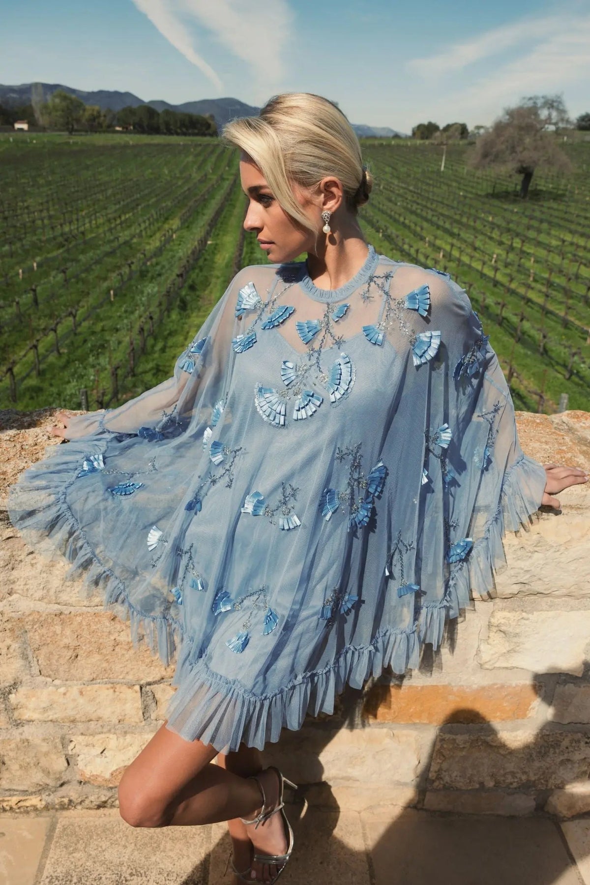 Mac Duggal Blue Embellished Long Sleeve Trapeze Dress with Ruffle Hem