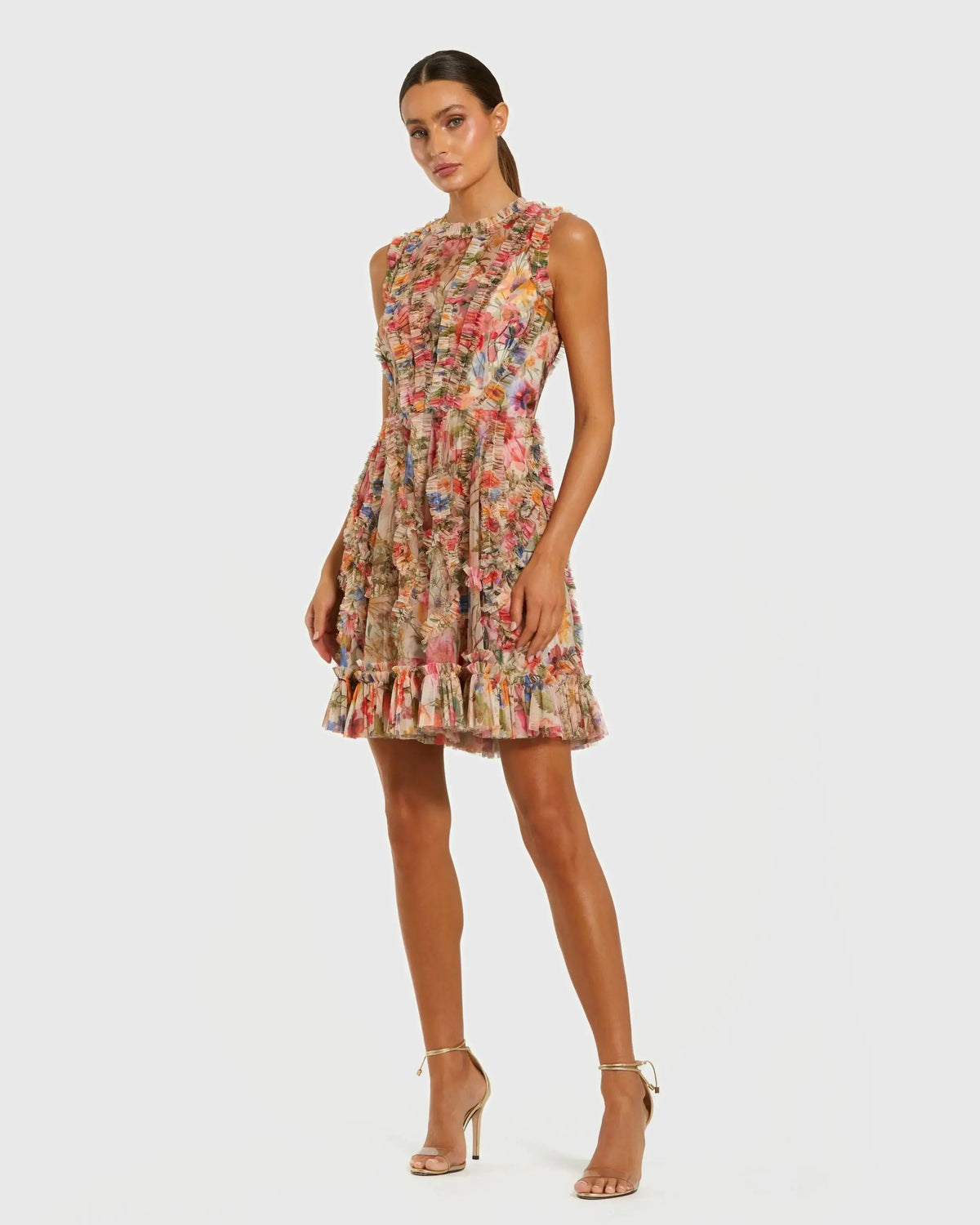 Mac Duggal Multicolor Micro Ruffle Floral A-Line Mini Dress