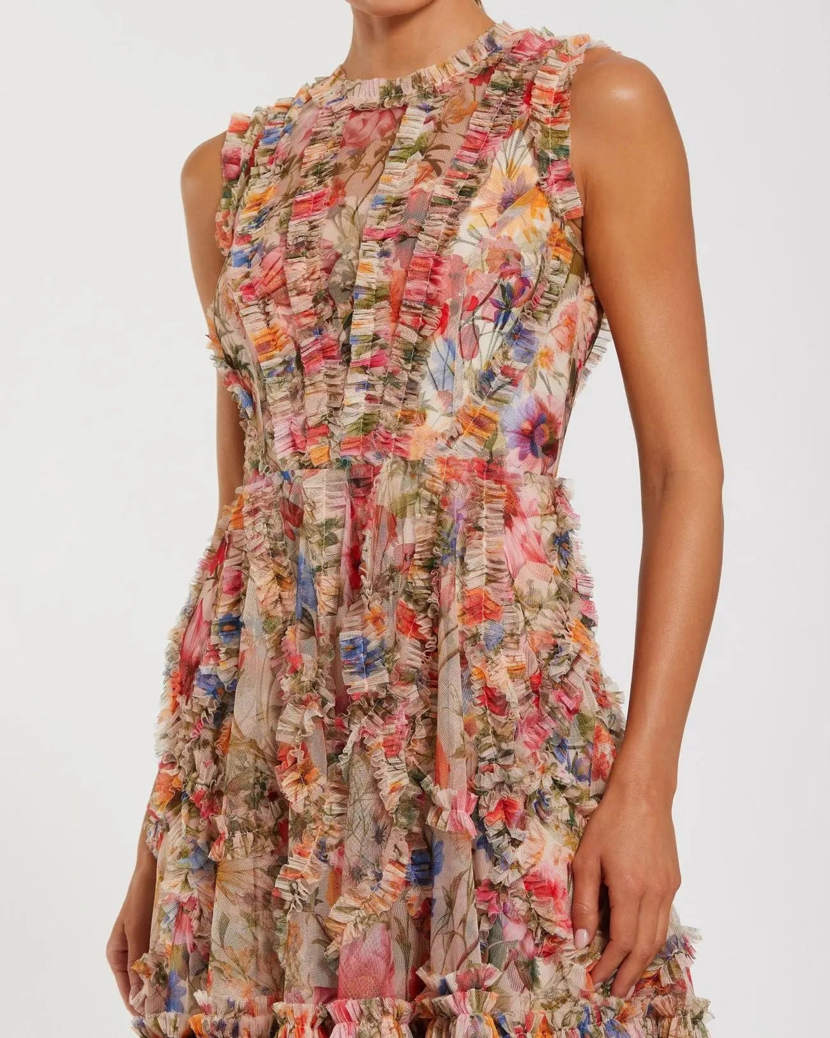 Mac Duggal Multicolor Micro Ruffle Floral A-Line Mini Dress