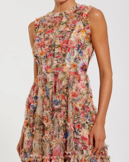 Mac Duggal Multicolor Micro Ruffle Floral A-Line Mini Dress