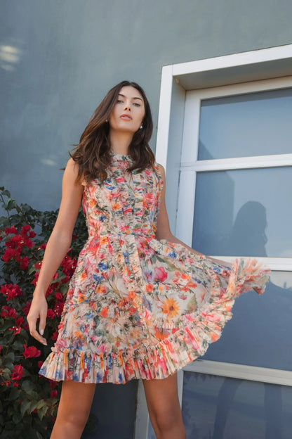 Mac Duggal Multicolor Micro Ruffle Floral A-Line Mini Dress