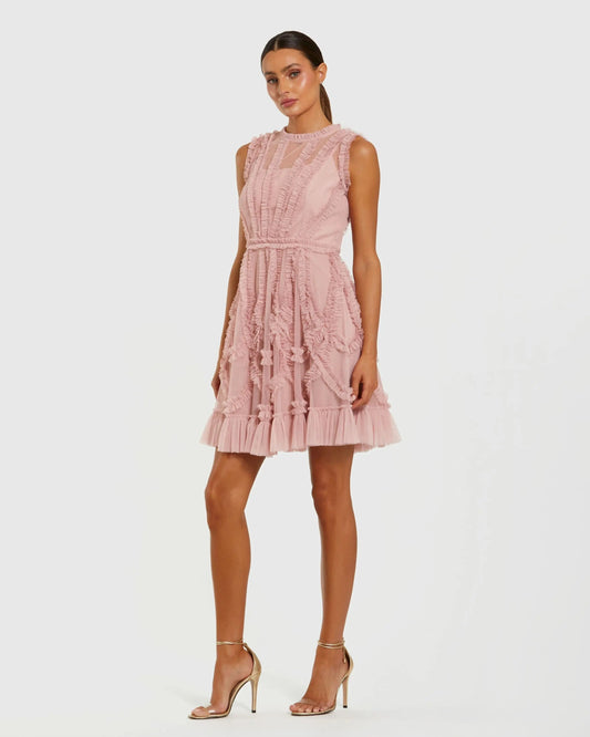 Mac Duggal Pink High Neck Sleeveless Micro Ruffle Mini Dress