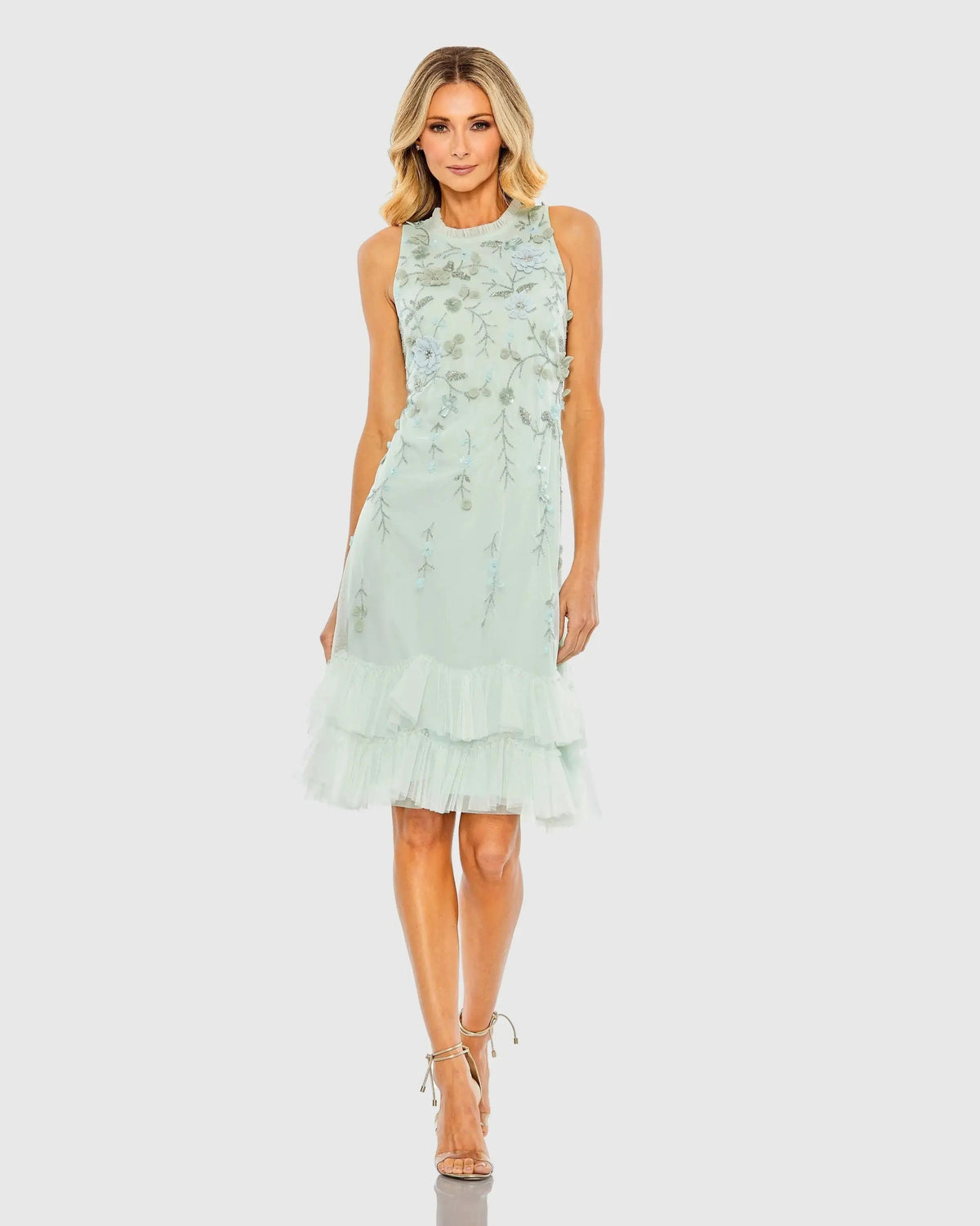 Mac Duggal Green Embellished Ruffle Tiered High Neck Floral Dress
