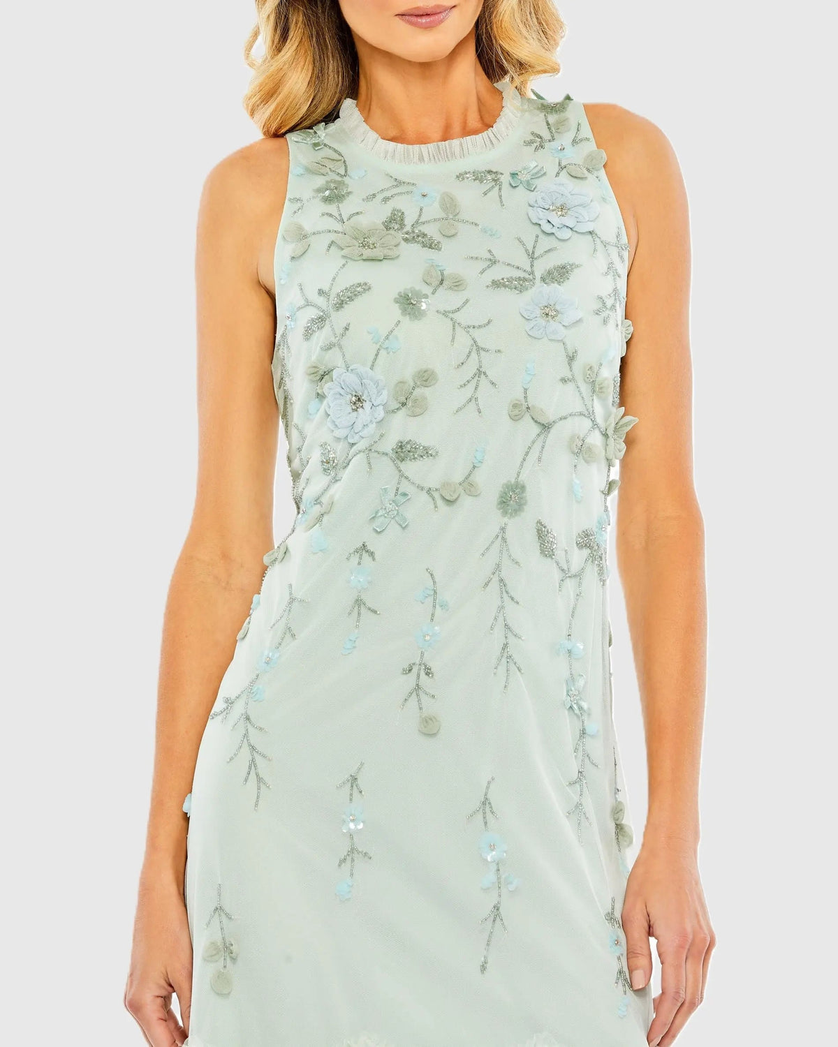 Mac Duggal Green Embellished Ruffle Tiered High Neck Floral Dress
