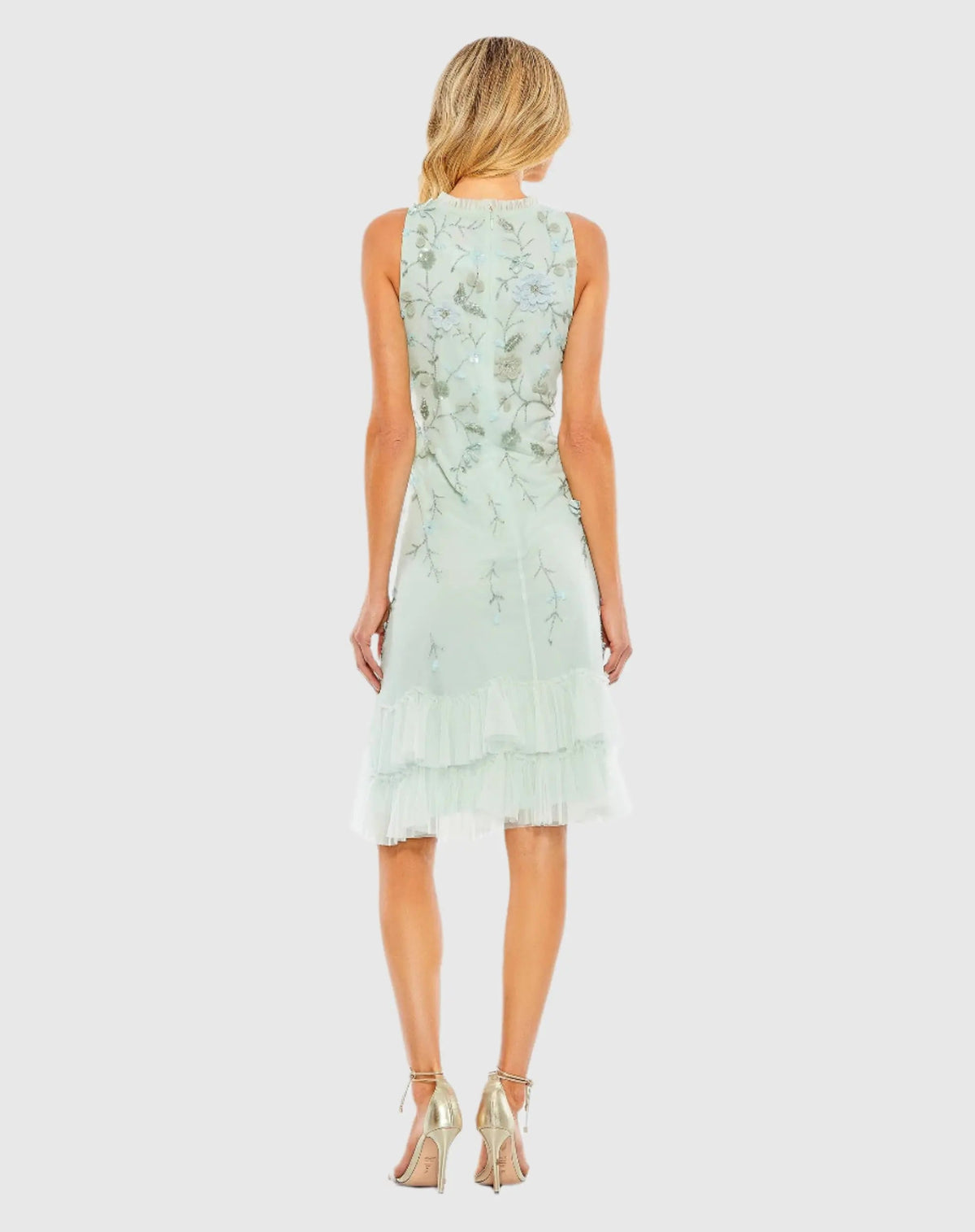 Mac Duggal Green Embellished Ruffle Tiered High Neck Floral Dress
