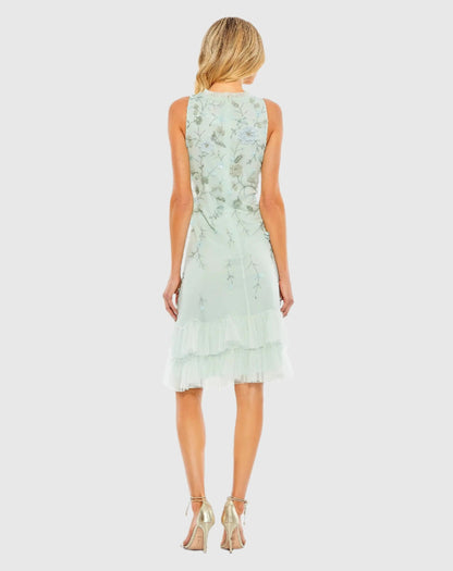 Mac Duggal Green Embellished Ruffle Tiered High Neck Floral Dress