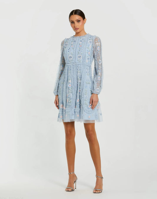 Mac Duggal Blue Floral Long Sleeve Micro Ruffle Mini Dress