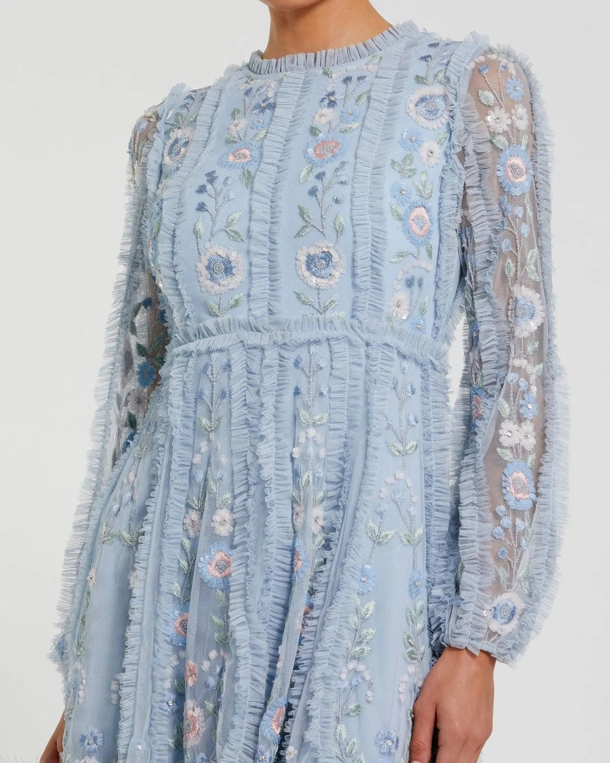 Mac Duggal Blue Floral Long Sleeve Micro Ruffle Mini Dress