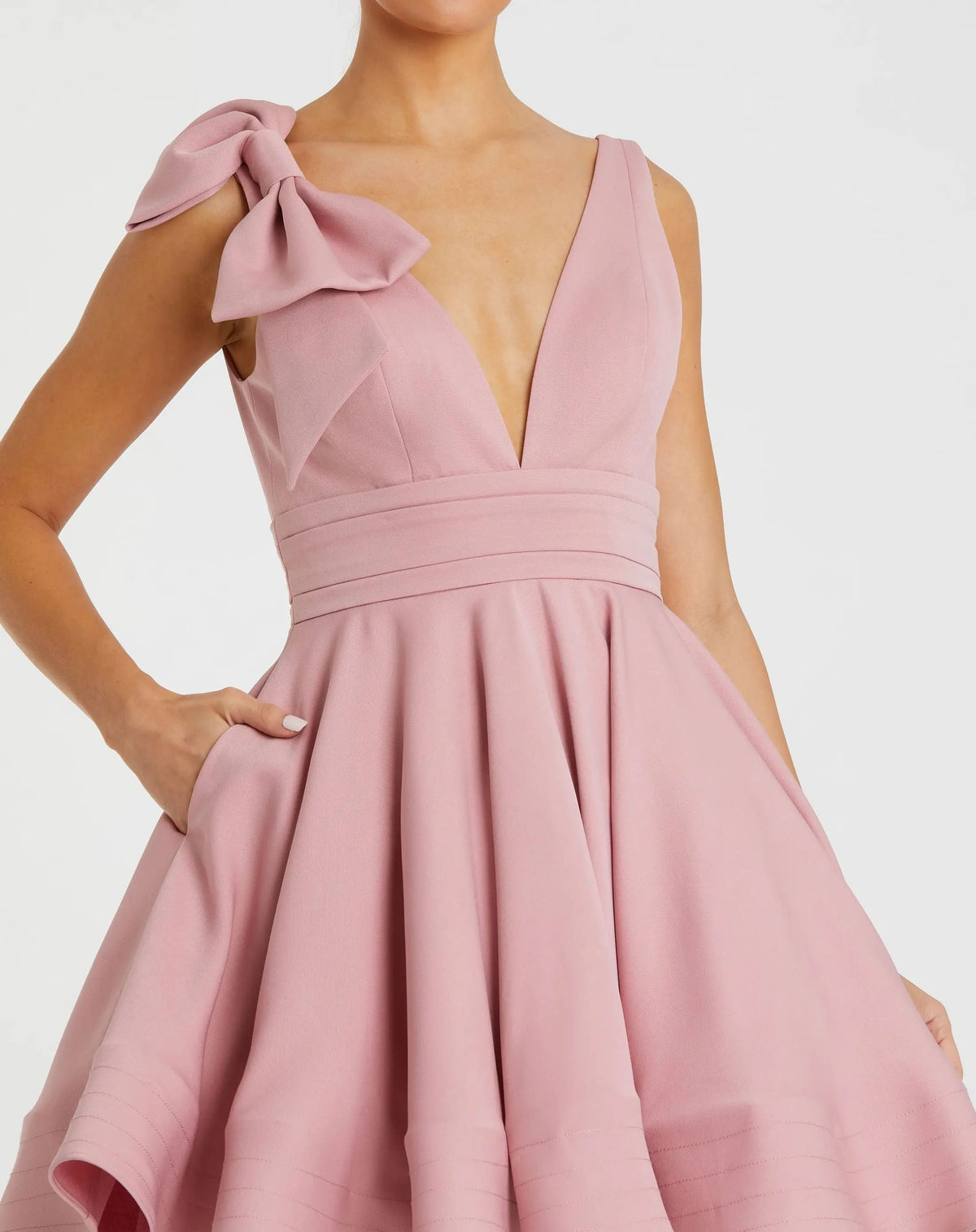 Mac Duggal Light Pink Plunge Neck Fit and Flare Mini Dress With Bow