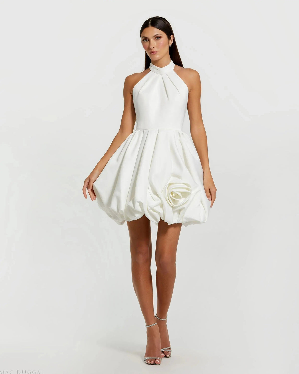 Mac Duggal White Satin Bubble Hem Backless Mini Dress