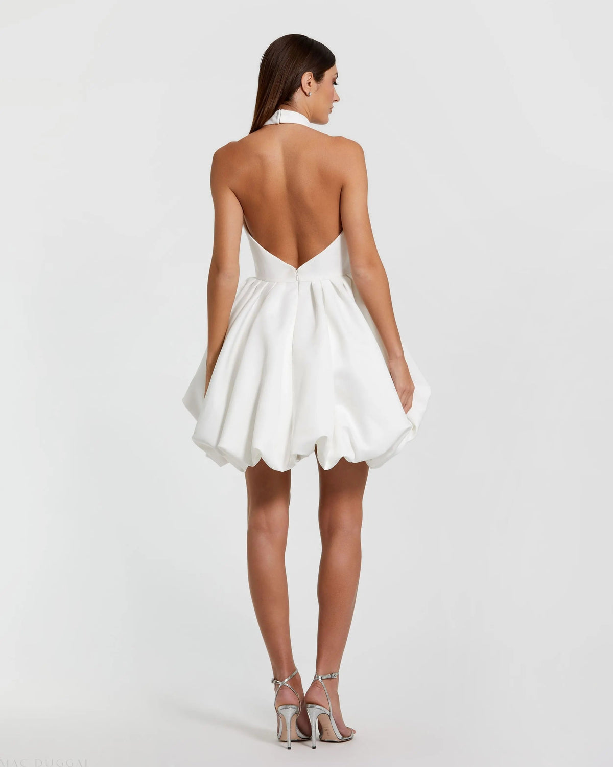 Mac Duggal White Satin Bubble Hem Backless Mini Dress