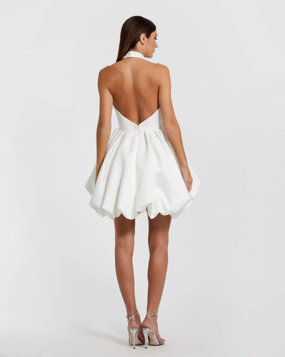 Mac Duggal White Satin Bubble Hem Backless Mini Dress