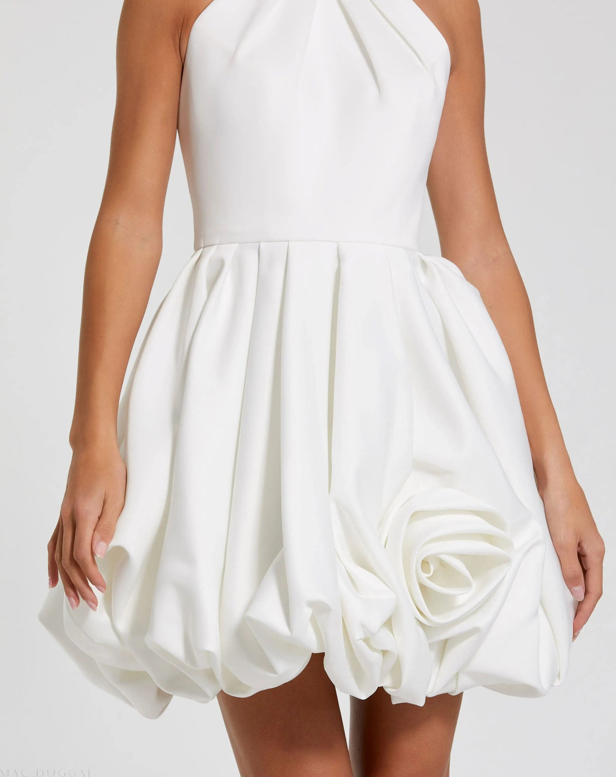 Mac Duggal White Satin Bubble Hem Backless Mini Dress