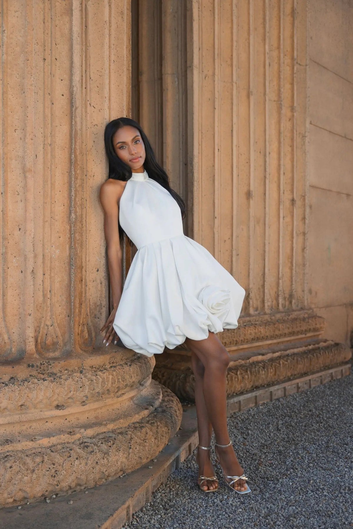 Mac Duggal White Satin Bubble Hem Backless Mini Dress