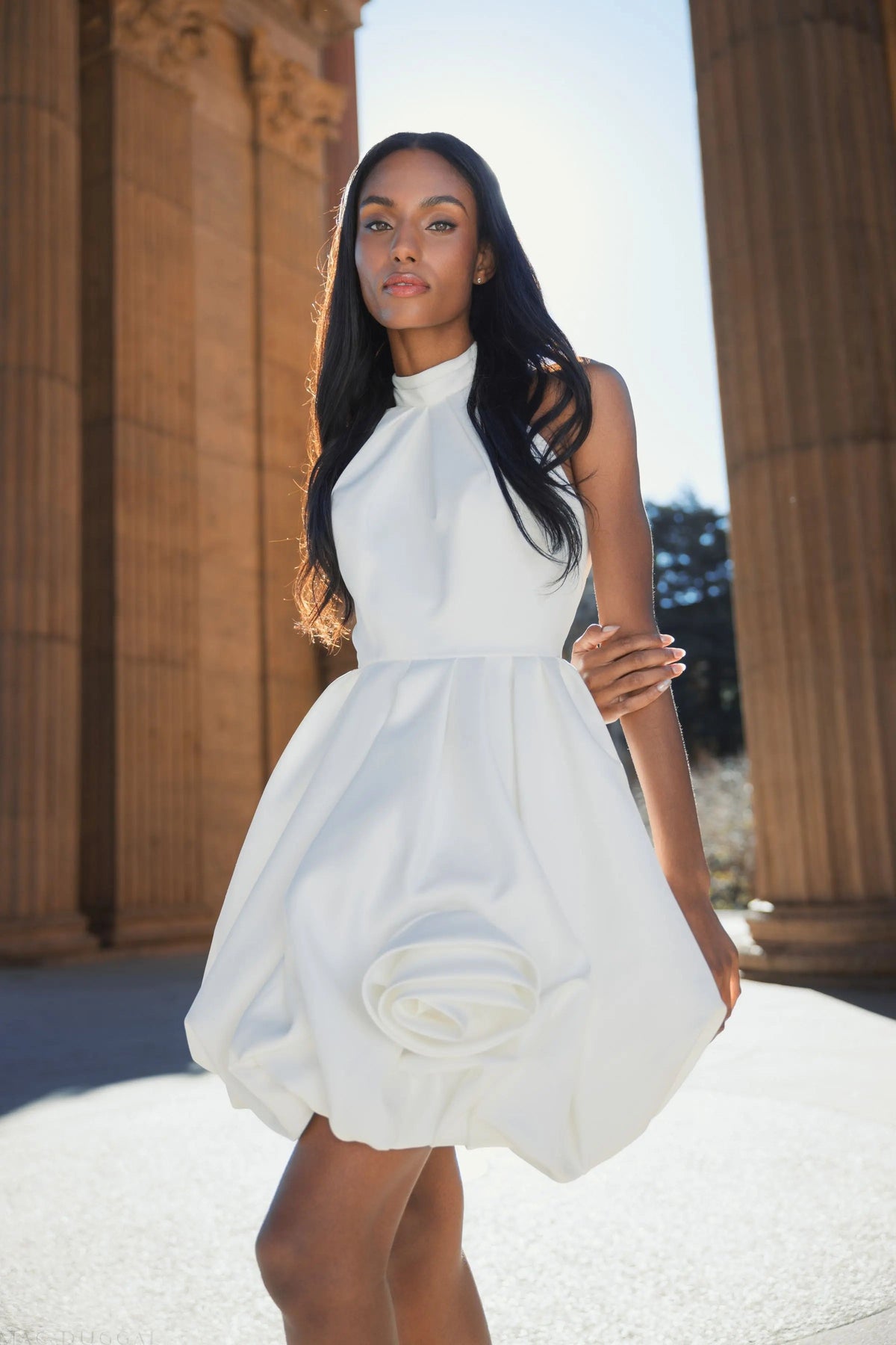 Mac Duggal White Satin Bubble Hem Backless Mini Dress