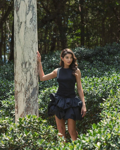 Mac Duggal Black Sleeveless Crepe Bubble Skirt Mini Dress Duggal