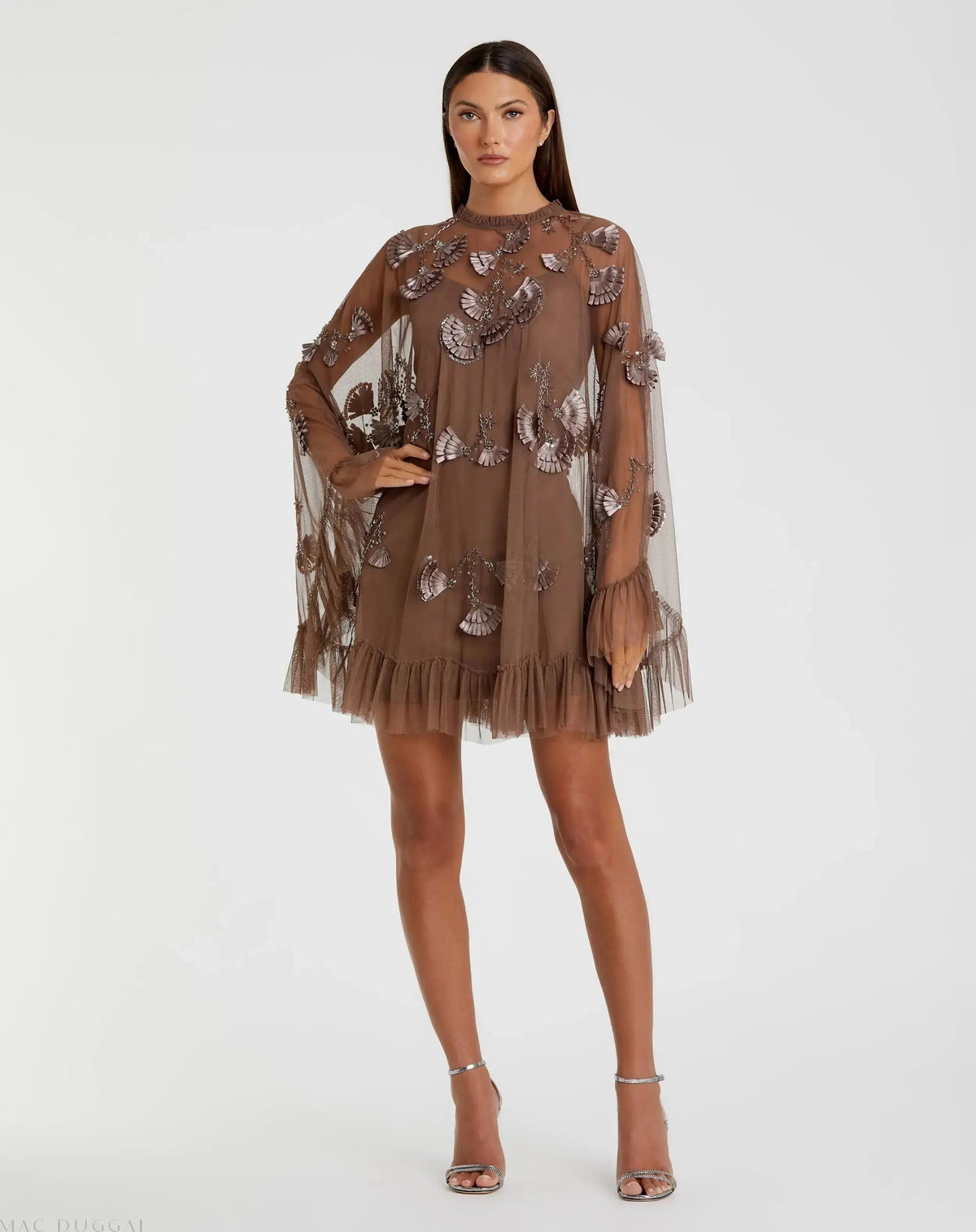Mac Duggal Brown Embellished Long Sleeve Trapeze Dress with Ruffle Hem