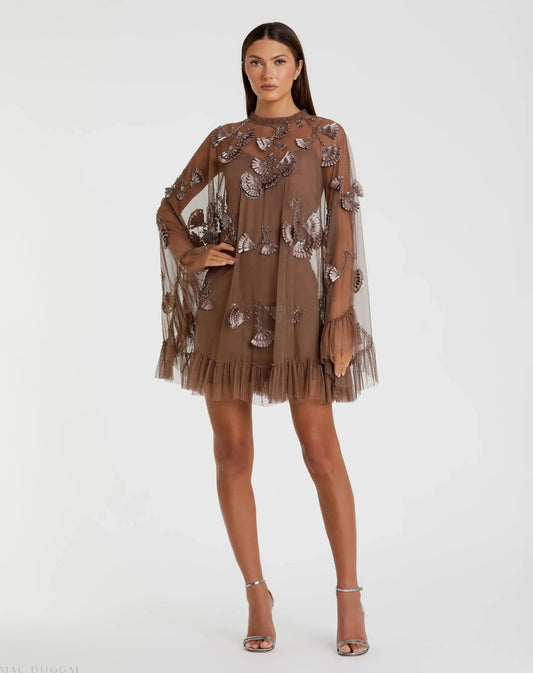 Mac Duggal Brown Embellished Long Sleeve Trapeze Dress with Ruffle Hem