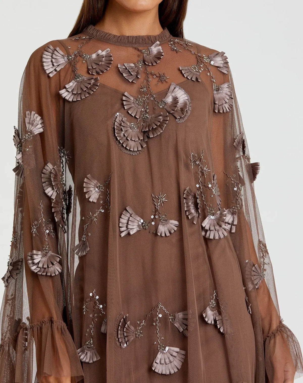 Mac Duggal Brown Embellished Long Sleeve Trapeze Dress with Ruffle Hem