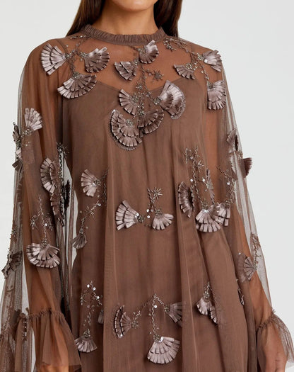 Mac Duggal Brown Embellished Long Sleeve Trapeze Dress with Ruffle Hem