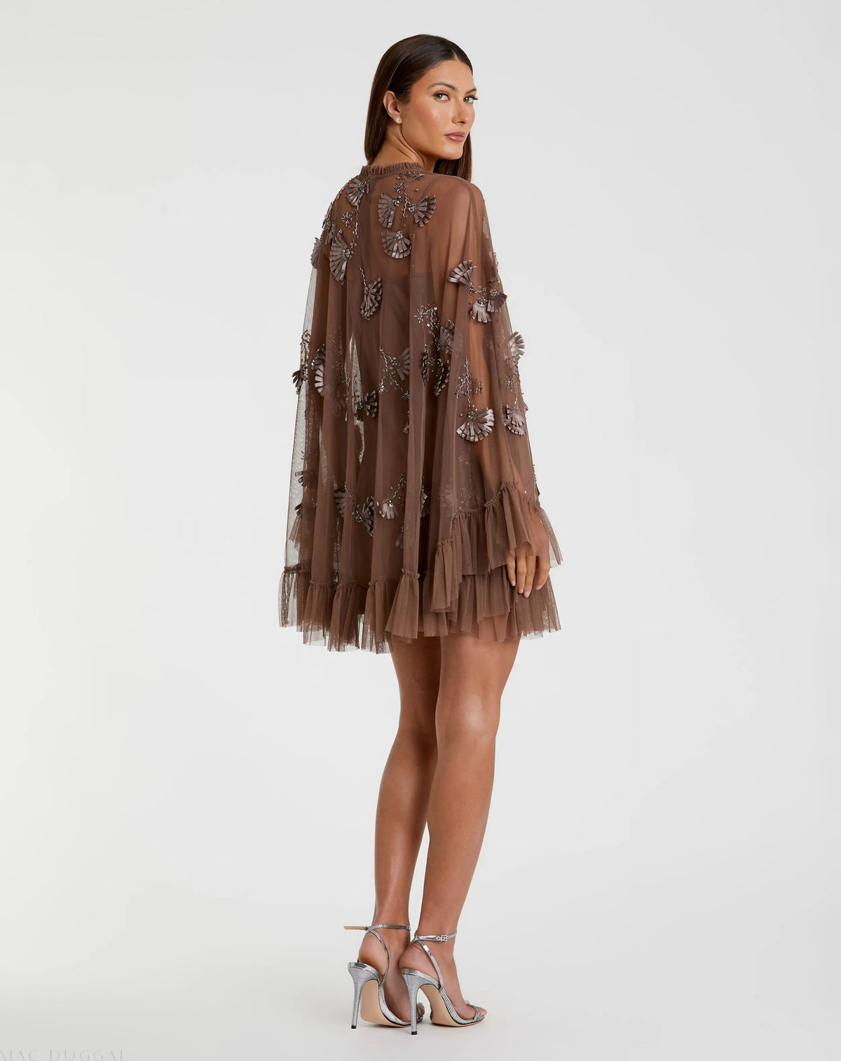 Mac Duggal Brown Embellished Long Sleeve Trapeze Dress with Ruffle Hem