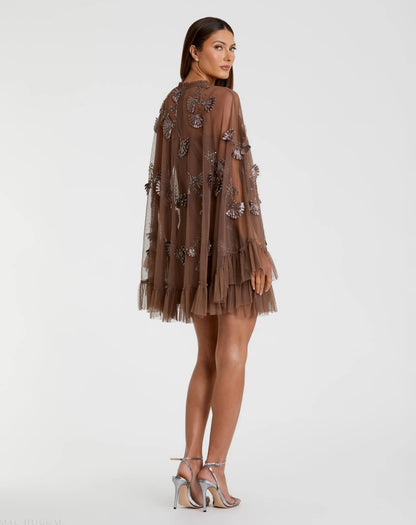Mac Duggal Brown Embellished Long Sleeve Trapeze Dress with Ruffle Hem