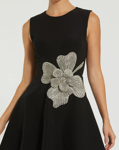 Mac Duggal Black Sleeveless Crepe Mini Dress With Rhinestone Flower