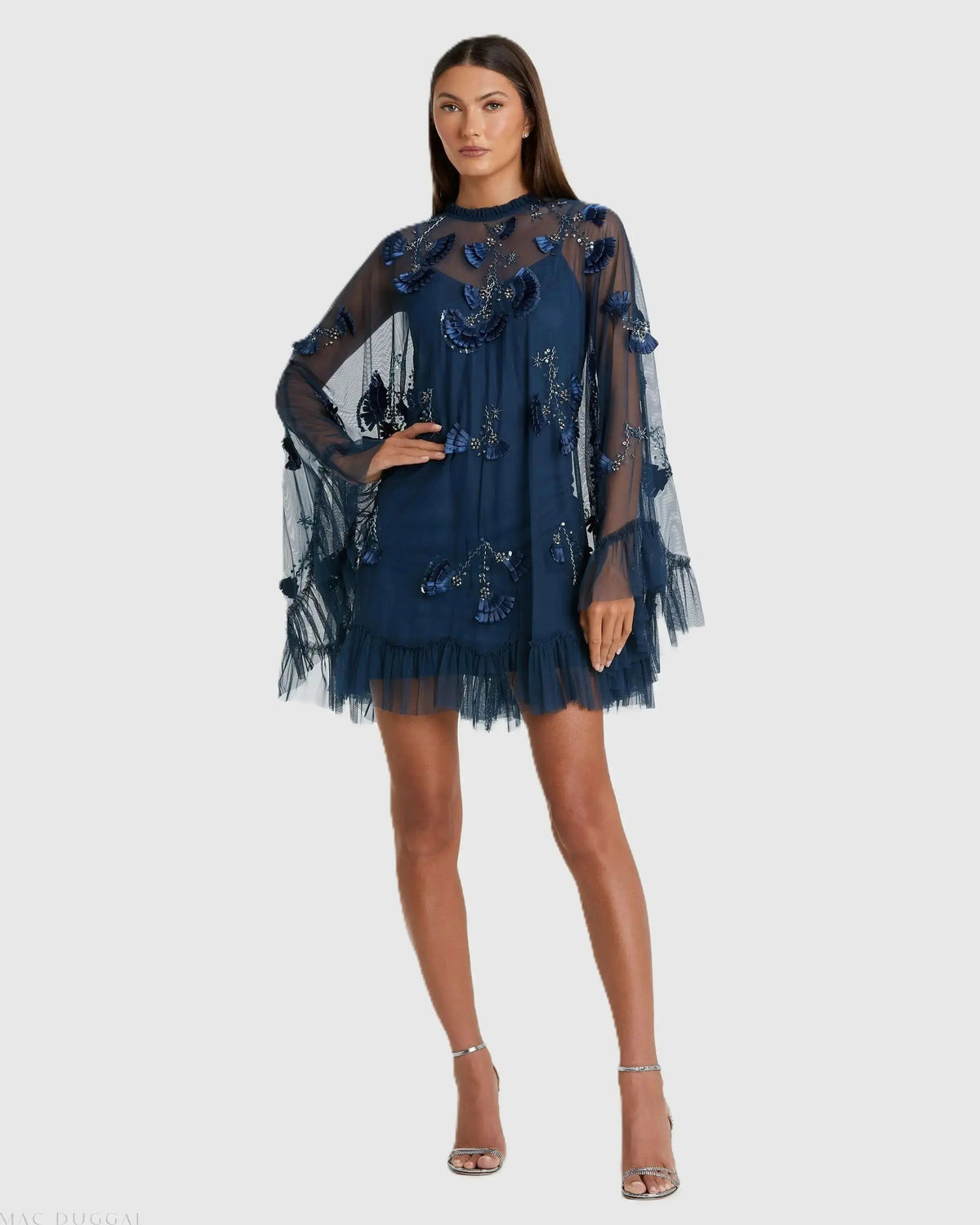 Mac Duggal Navy Embellished Long Sleeve Trapeze Dress with Ruffle Hem