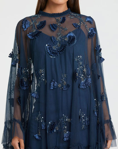 Mac Duggal Navy Embellished Long Sleeve Trapeze Dress with Ruffle Hem