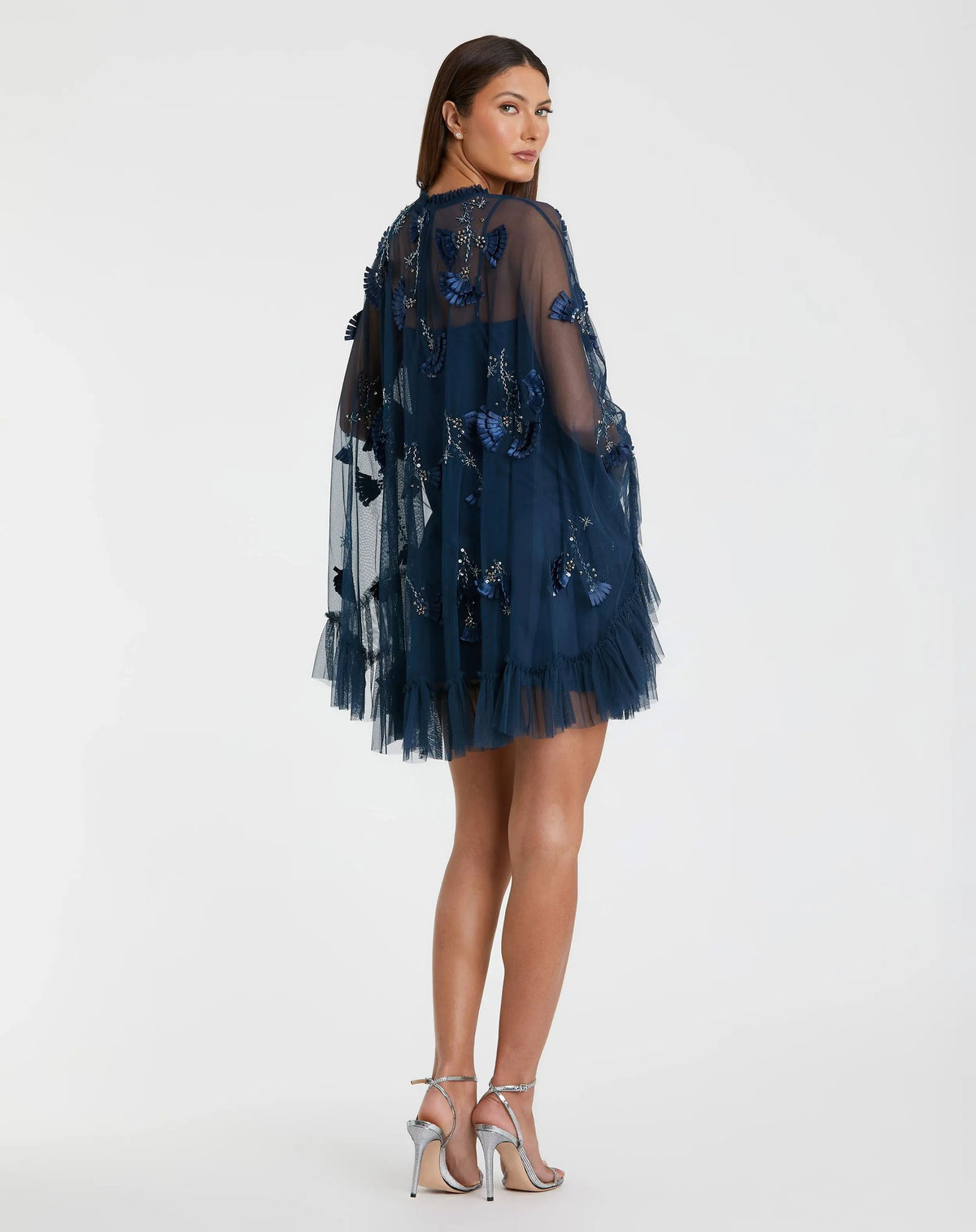 Mac Duggal Navy Embellished Long Sleeve Trapeze Dress with Ruffle Hem