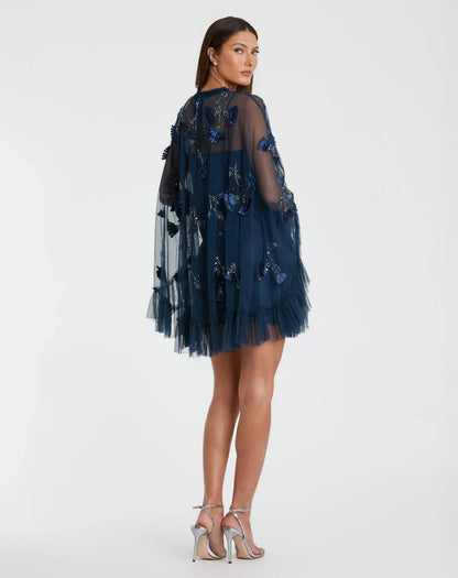 Mac Duggal Navy Embellished Long Sleeve Trapeze Dress with Ruffle Hem