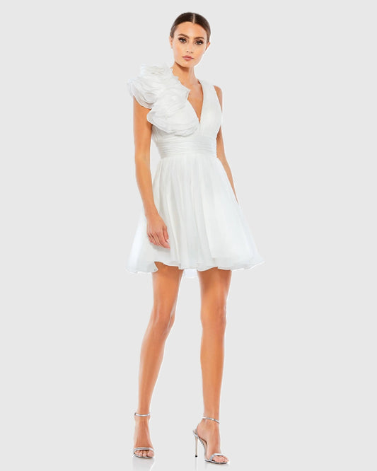 Mac Duggal White Ruffle V Neck Fit & Flare Mini Dress