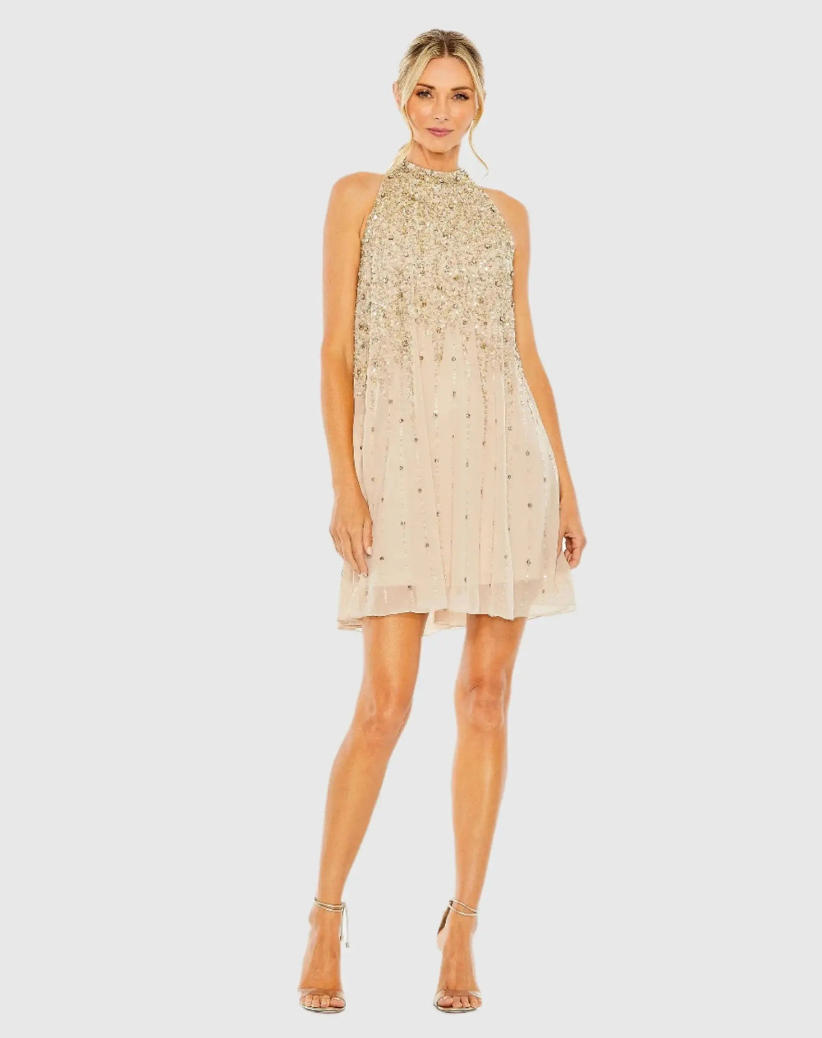 Mac Duggal Beige High Neck Sleeveless Sequin Embellished Trapeze Dress