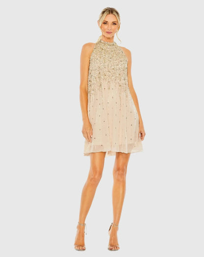 Mac Duggal Beige High Neck Sleeveless Sequin Embellished Trapeze Dress