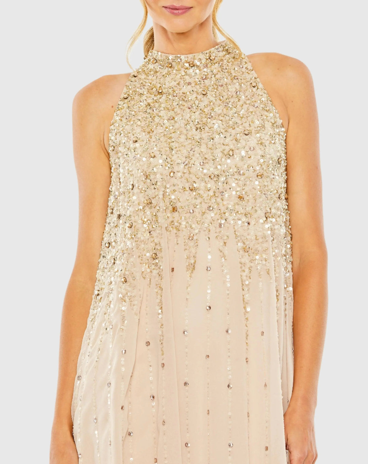 Mac Duggal Beige High Neck Sleeveless Sequin Embellished Trapeze Dress