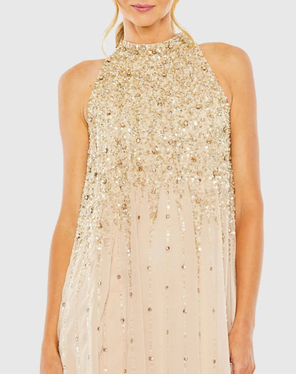 Mac Duggal Beige High Neck Sleeveless Sequin Embellished Trapeze Dress
