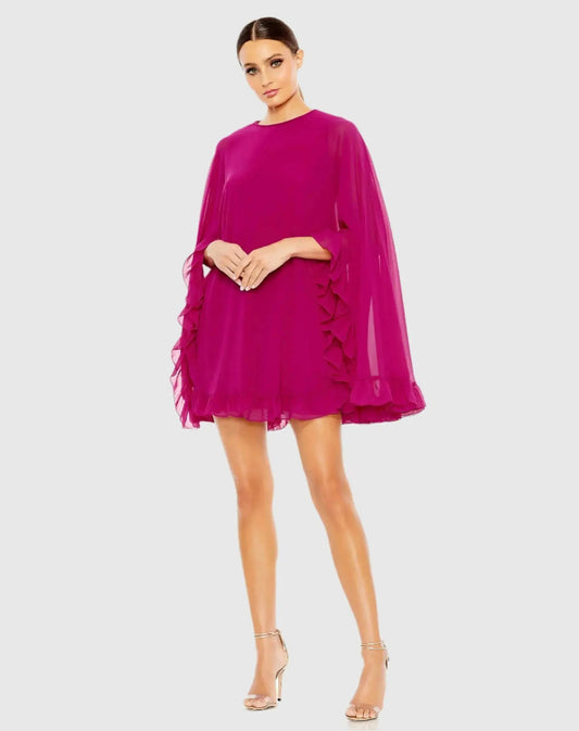 Mac Duggal Pink High Neck Ruffle Hem Cape Mini Dress