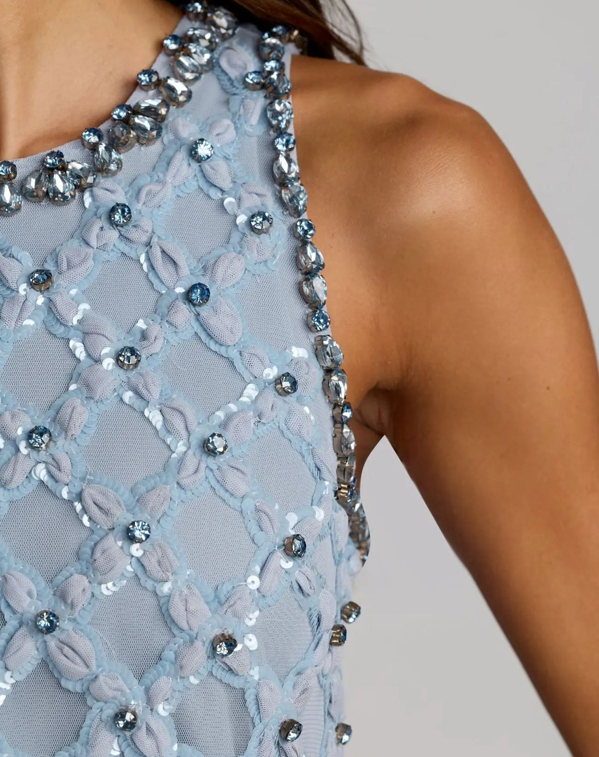 Mac Duggal Blue Rhinestone Embellished Sleeveless Mini Dress