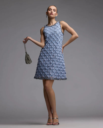 Mac Duggal Blue Rhinestone Embellished Sleeveless Mini Dress