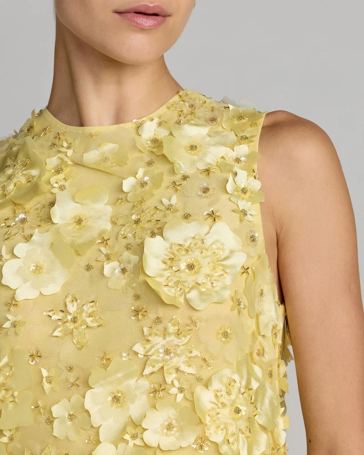 Mac Duggal Yellow 3D Floral Embellished Sleeveless Mini Dress