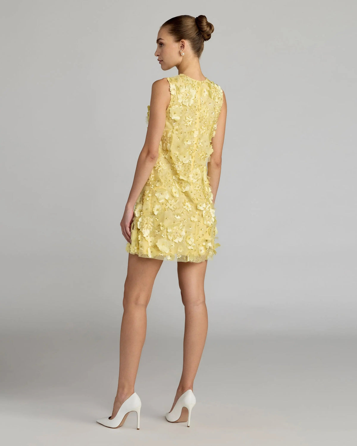 Mac Duggal Yellow 3D Floral Embellished Sleeveless Mini Dress