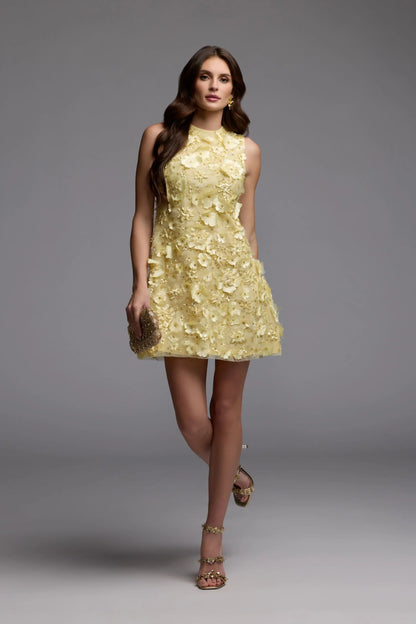 Mac Duggal Yellow 3D Floral Embellished Sleeveless Mini Dress