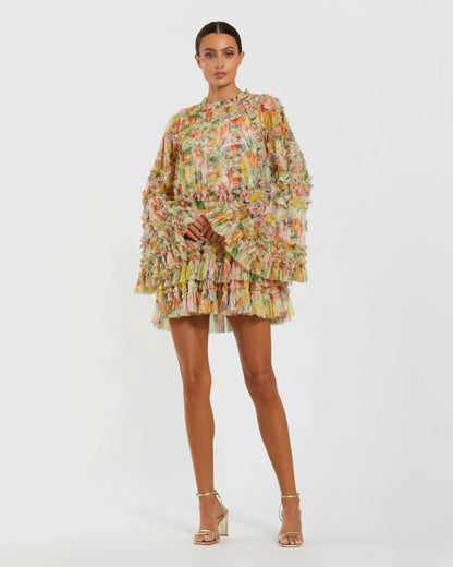 Mac Duggal Multicolor Printed Mesh Ruffle High Neck Mini Dress