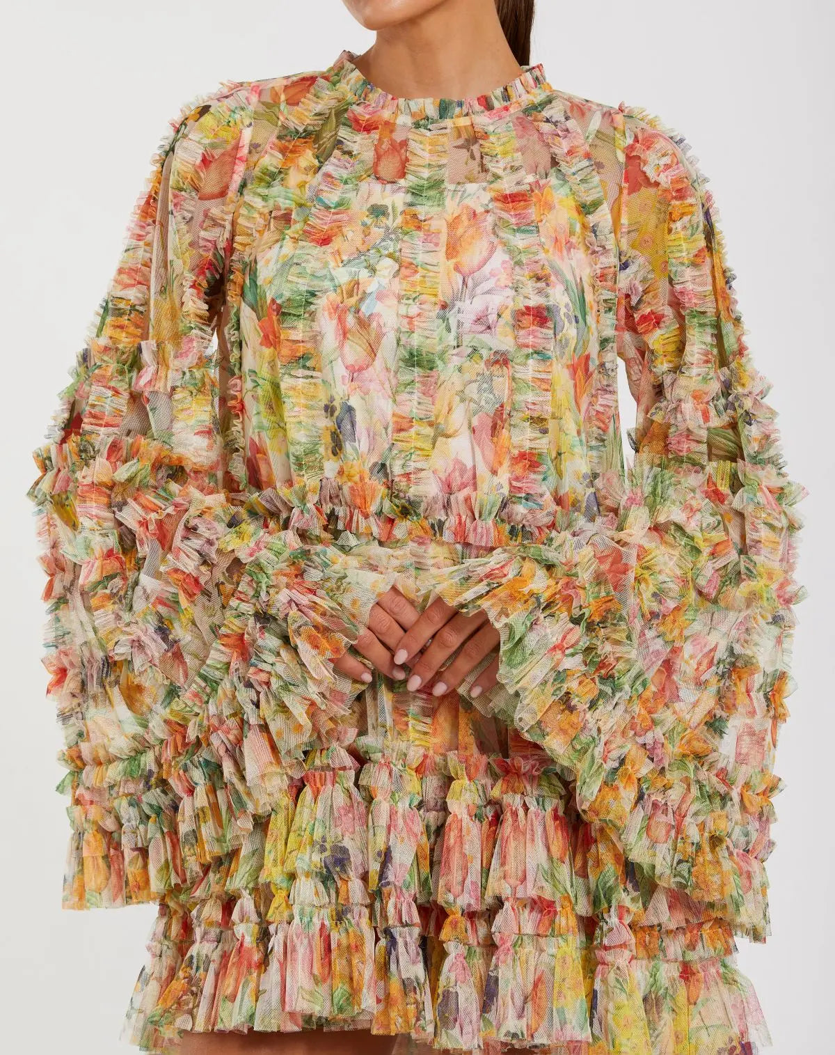 Mac Duggal Multicolor Printed Mesh Ruffle High Neck Mini Dress