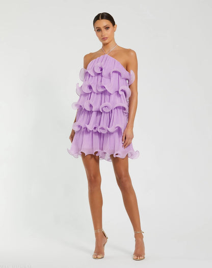 Mac Duggal Purple Crinkle Chiffon Tiered Ruffle Mini Dress