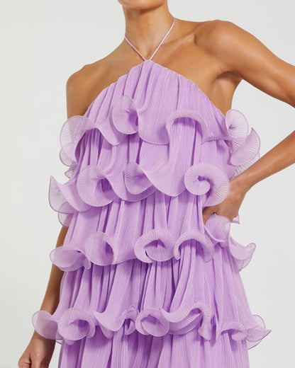 Mac Duggal Purple Crinkle Chiffon Tiered Ruffle Mini Dress