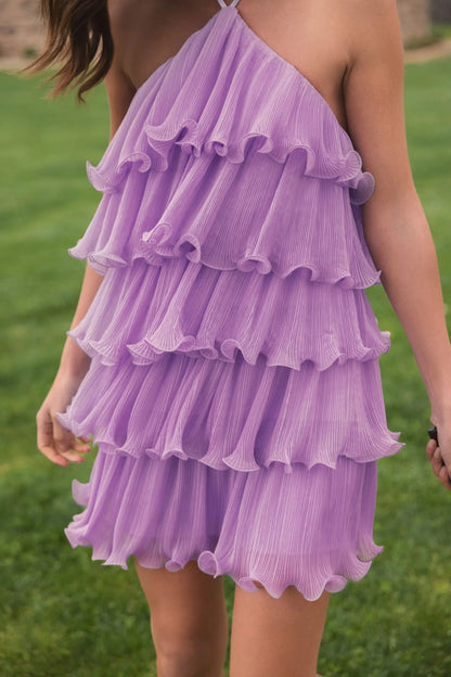 Mac Duggal Purple Crinkle Chiffon Tiered Ruffle Mini Dress