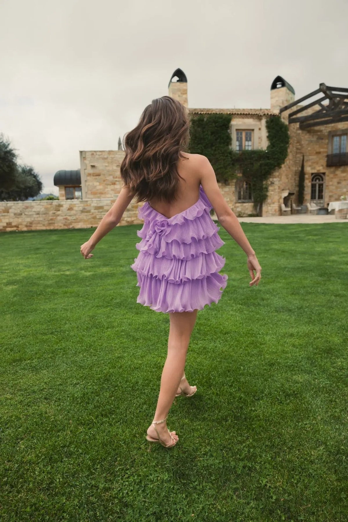 Mac Duggal Purple Crinkle Chiffon Tiered Ruffle Mini Dress